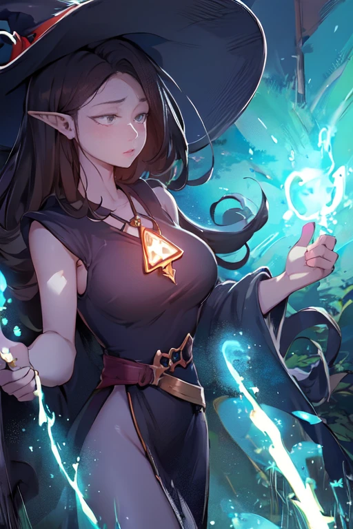 half body, elf witch, sucy_manbavaran, long hair, hair over one eye, pale skin, hat, witch, witch hat, fair skin, black hair, beautiful face, orgeous, glamorous,, dark skin, detailed face, beautiful face, green eyes, huge breasts, underboob, cleavage, witch garments, night sky starry black dress, starry sky print, glowwave, starlight, black hair, glittering stars, dress made of stardust, thigh strap, high skin exposure, shiny skin, anime style, thigh strap, absurdres, highres, solo, mischivious smile, (lipstick, red lips), green eyes, Kyoto Animation stylized anime mixed with tradition Chinese artworks~, magic efects, standing, from below,. Cinematic Lighting, ethereal light, intricate details, extremely detailed, incredible details, full colored, complex details, insanely detailed and intricate, hypermaximalist, extremely detailed with rich colors. masterpiece, best quality, aerial view, HDR, UHD, unreal engine. looking at the camera, (glittery jewelry) ((acrylic illustration, by artgerm, by kawacy, by John Singer Sargenti) dark Fantasy background, Representative, Rich in details High quality, g 8k, super detail, gorgeous light and shadow, detailed decoration, detailed lines glowwave, glitter and chrome,style of glitter and chrome,