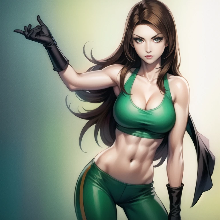kimberly ann possible, 1girl, abs, sexy, brown hair, breasts, blank tank top, gloves, green eyes, green legwear, large breasts, lips, long hair, midriff, navel, pants, pose, solo, thighs, toned