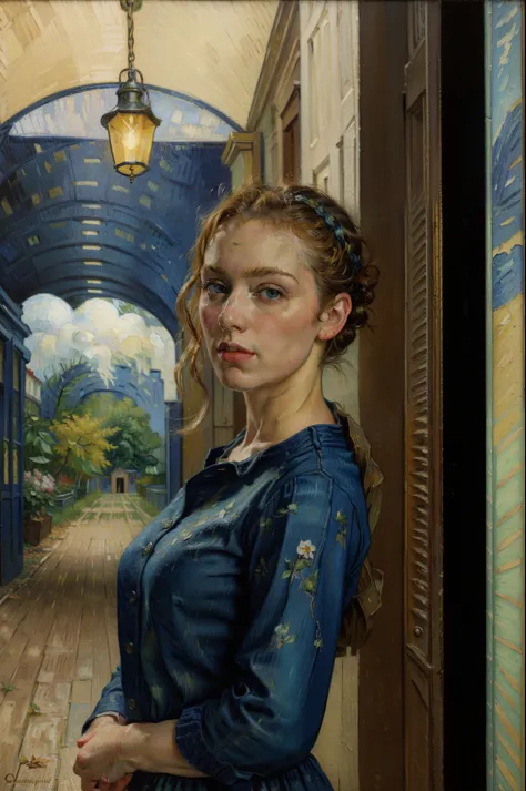 masterpiece, best quality, extremely detailed, hyperrealistic, oil painting, impressionism art, in gogh style, a beautiful 20s f...