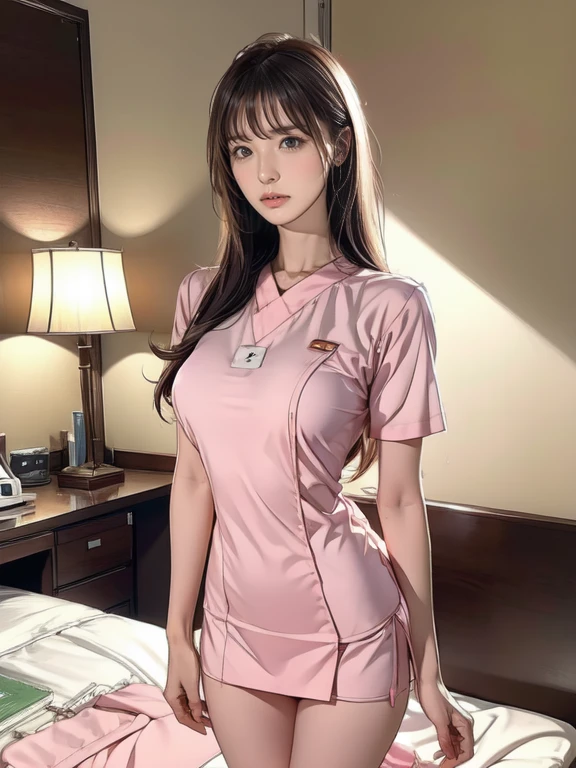 Pornographic Images,Cinematic scene,Fantasy Art,Highest image quality,hyperrealistic portrait,(8K),Ultra-realistic,Best Quality,High quality,High Definition,high quality texture,high detailing,Beautiful detailed,fine detailed,extremely details CG,Detailed texture,realistic representation of face,masutepiece,presence,Dynamic,Bold,1gir,(ideal ratio body proportions:1.5),Ultra detailed skin,Curve,,Beautiful breasts,Large breasts,pale skin,pointed breast,Erect nipples,(Thin hair),(Soft hair),(ultra straight hair),Swept long bangs,very light coppery amber hair,Hair over one eye,(pink nurse uniform:1.3),(gravure pose:1.5),(hospitals、Hospital Room、Patient bed:1.5)