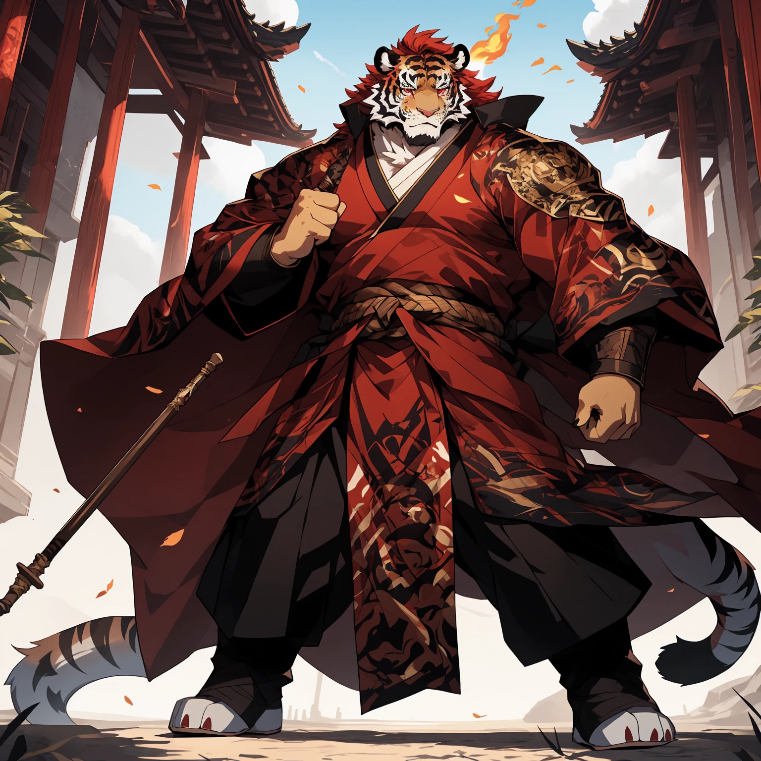 (淡红色tiger),(烈焰红General战袍),Holding a spear,Powerful gesture,Stand confidently and proudly,(The background is the endless sea:1.2),abdominal muscles,Heroic Stance飒爽,完美的masterpiece,Various facial details,Perspective from a distance,specific description,masterpiece,CG,(Pale red eyes),light green pattern,Light green tail,General,Heroic Stance,tiger,Reddish fur,Specific facial details,Half Body,(炎火General战履),(Chang Ling),((middle aged)),(Face focus),(16K),HD,Red and white belly,temple,beard,(Facial lines),Different students,(Flaming Red Battle Robe),(Light red hair),Strong,muscle,(high resolution:1.3),Weeds underfoot