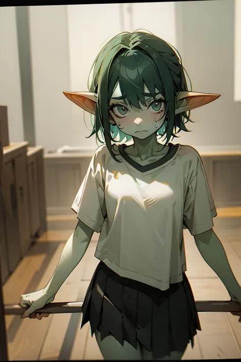 90 centimeters tall, goblin girl, pale green skin, small starved frame, dirty, sad expression. wearing only an extremely short r...