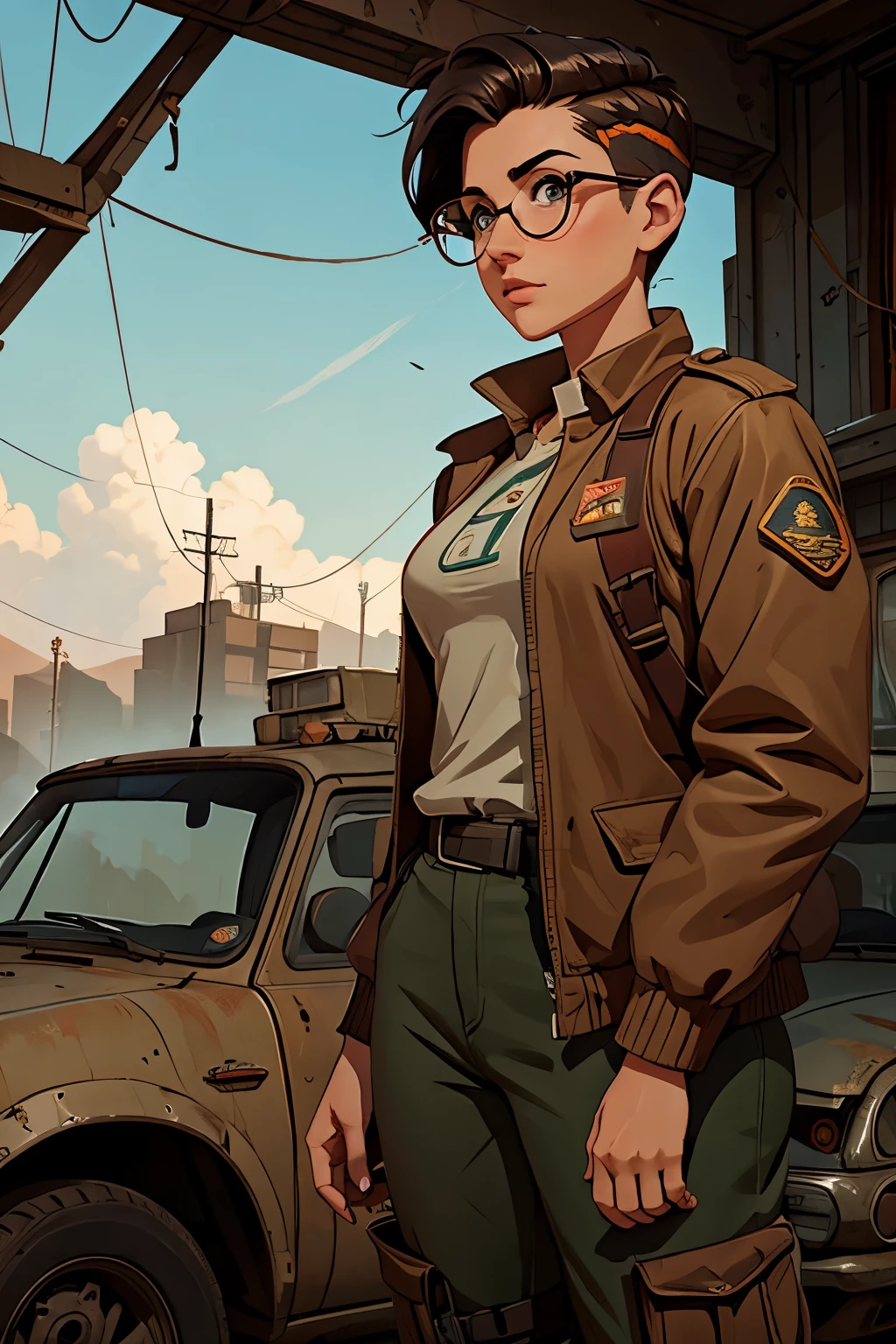 a young female messenger, wearing large glasses, undercut hair, wearing postman uniform, in a post-apocalyptic world