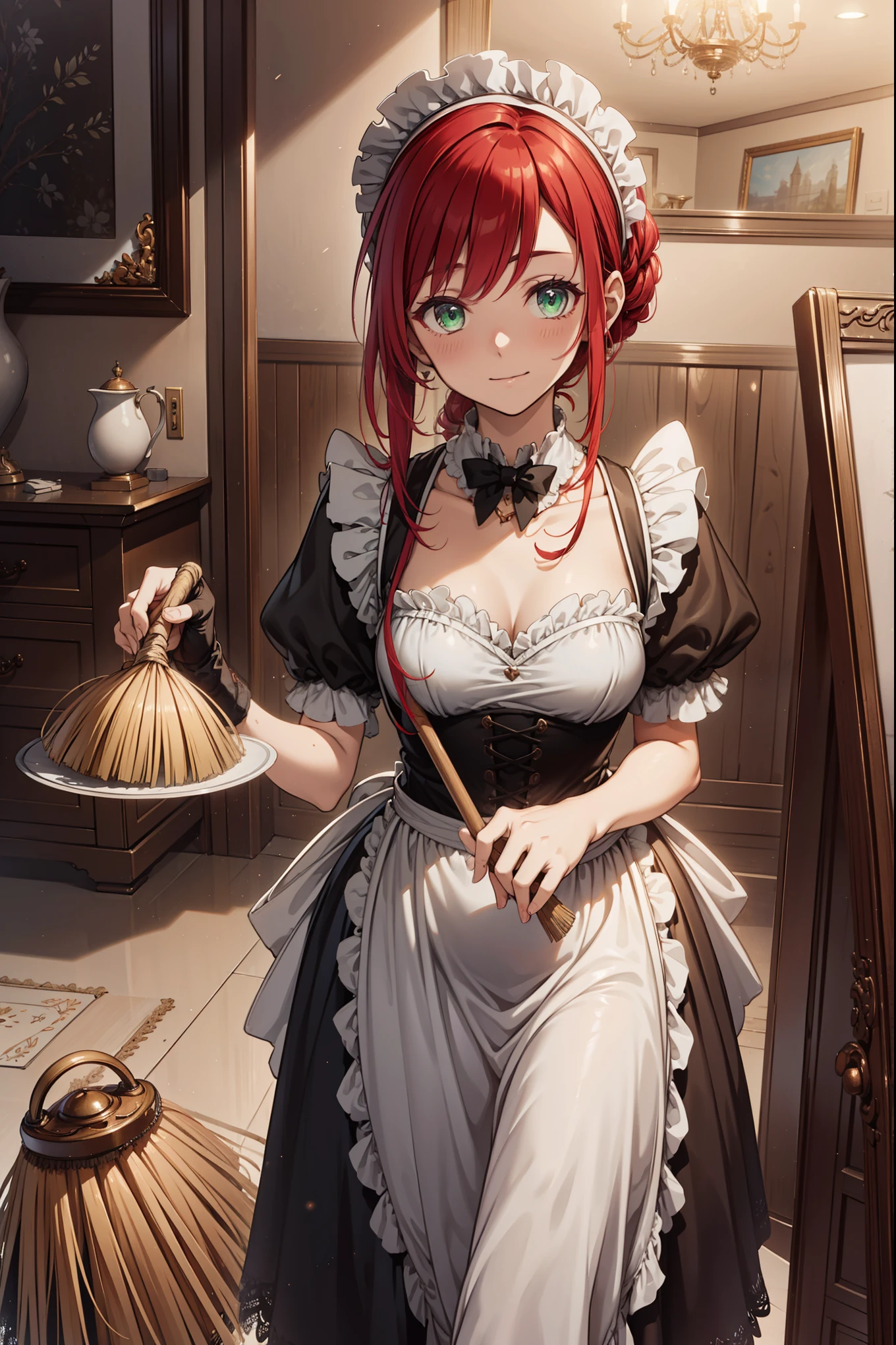 (Best quality, A high resolution, Textured skin, High quality, High details, High details,Extremely detailed CG unity), Enchanted，having fun，Being in love，housekeeper in fantasy world, crimson red hair, green eyes, exquisite costumes，solo person，long elegant dress, A small amount of lace，Dazzle, woman, beautiful, (maid), (house keeper), (in grand home), (luxurious house), house keeper female, more details, detailed home scene, home detailed, (holding broom), maid