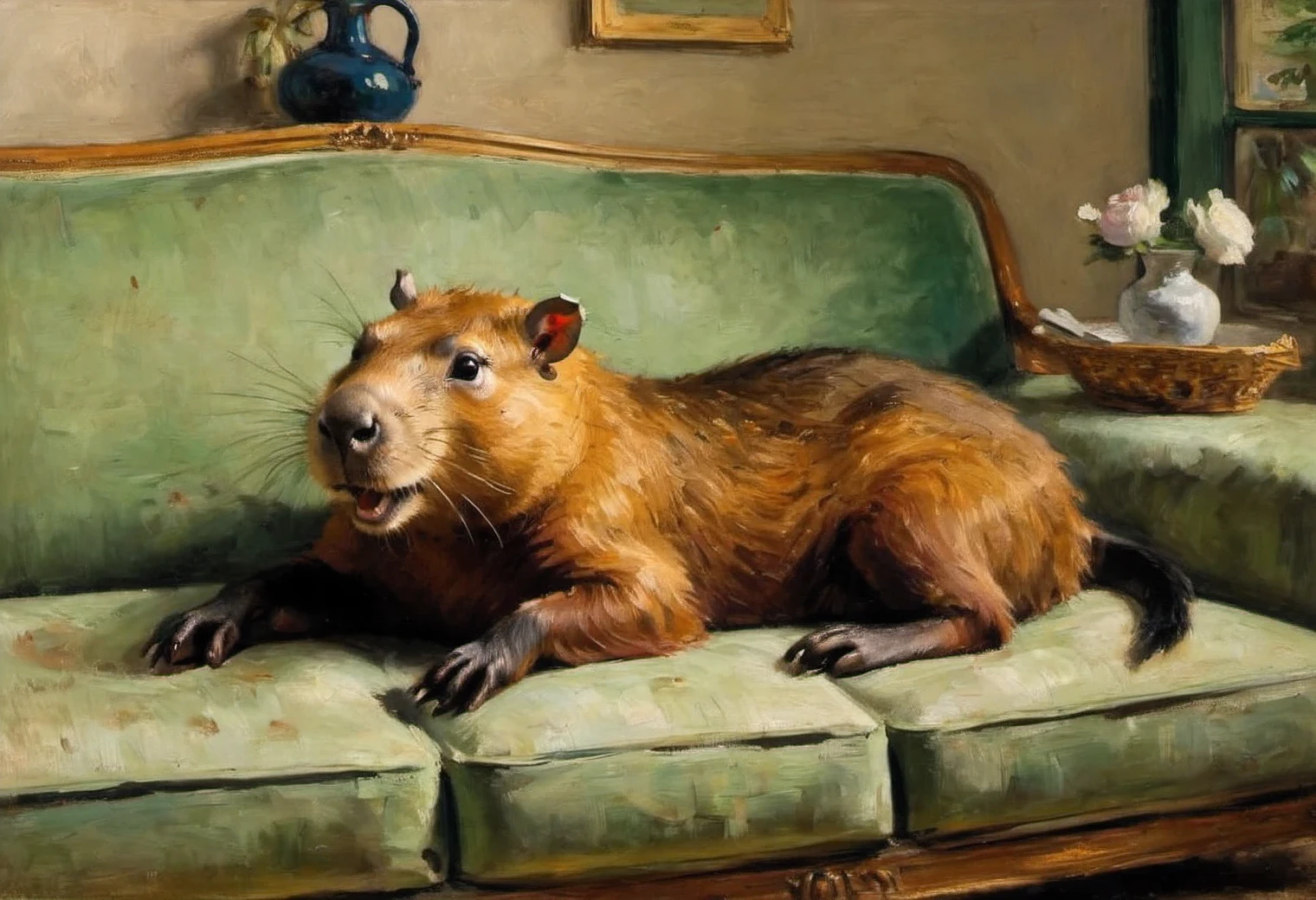 Painting by Edouard Manet Capybara lying on the sofa, oil on canvas, full compliance with the style of Edouard Monet