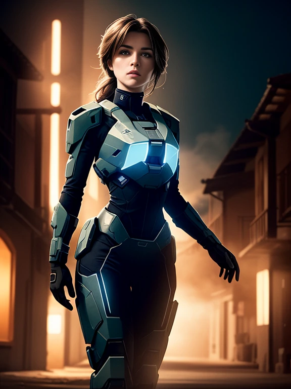 완벽한 치아와 완벽한 파란 눈, 멋진 얼굴을 가진 여성 코타나 헤일로(Cortana Halo)의 영화 스틸이 무언가를 보고 있습니다., 전신샷, 카우보이 샷, 얕은 피사계 심도, 삽화, 매우 상세한, 높은 예산, 보케, 시네마스코프, 변덕스러운, 서사시, 아주 멋진, 필름 그레인, 거친