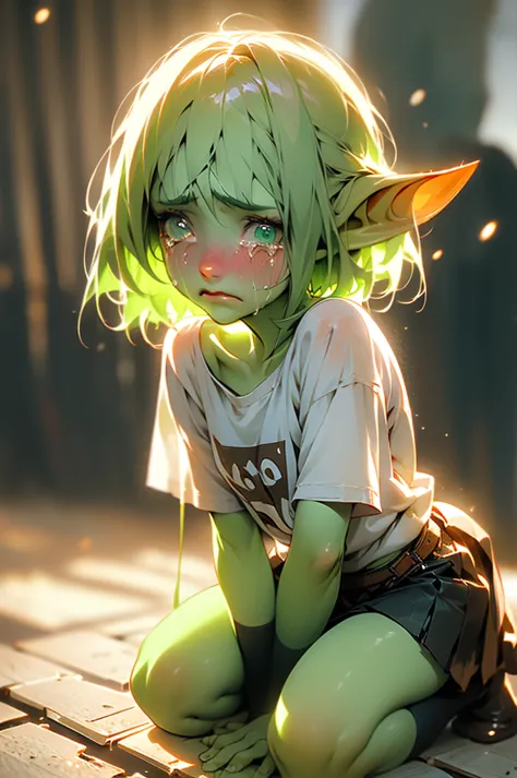 90 centimeters tall, goblin girl, pale green skin, small starved frame, dirty, sad expression, extremely short hair. wearing onl...