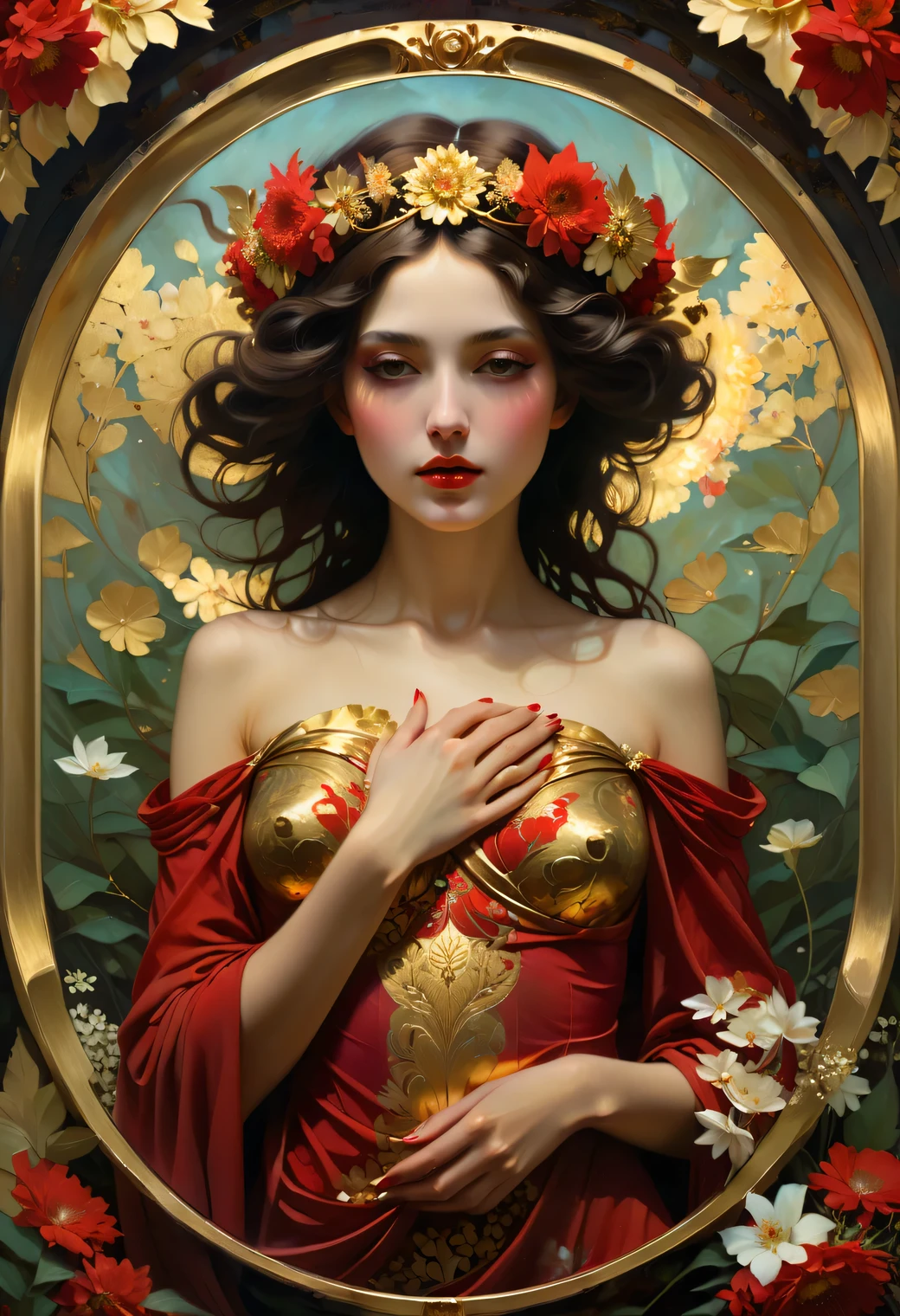 a painting of a woman with a flower crown on her head, flower goddess, woman in flowers, she has a crown of flowers, a goddess in a field of flowers, covered with flowers, mucha klimt and tom bagshaw, girl in flowers, persephone in spring, flower queen, goddess of spring, jinyoung shin art, female portrait with flowers, RAW photo of (adult:1.3),a  female burst of tangy crimson cascades,entwining magic and technology with viscous allure disappears into the shadows,in a neo-expressionist masterpiece of gold embrace,topless,small breasts,hair between eyes,(skinny, thin body:0.4),(chiaroscuro:1.3),(octane render masterpiece,masterpiece scale,beautiful depth of field,ultra wide field,ultra detailed CG perspective,ultra dynamic lighting amazing shadows,dramatic lighting), Convey the sense of inner strength and confidence. Introduce a gentle, atmospheric haze in the environment, creating a soft diffusion of light and giving the impression of gold aura and presence.