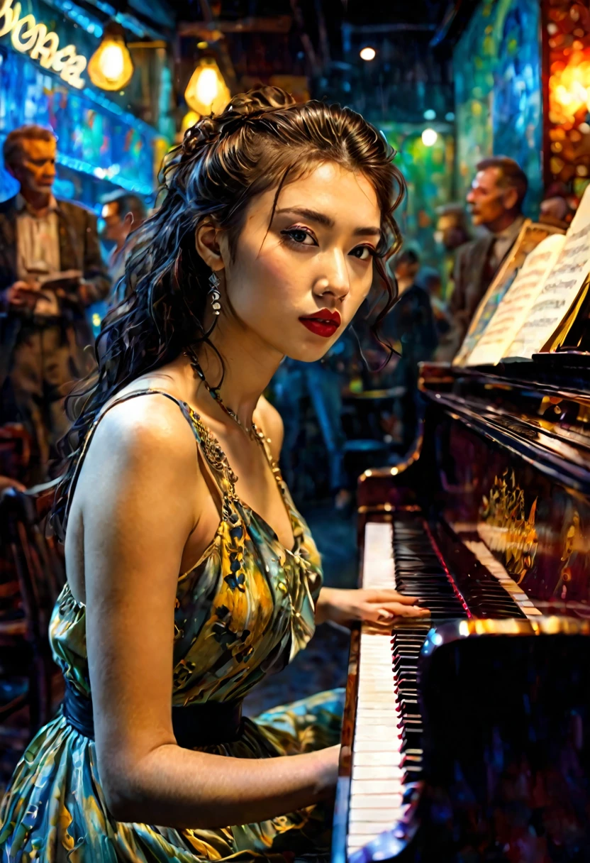 1 young woman、Playing the piano、serious Face、Pianist、Deep shadows、Oil painting style、Jazz bar background、 Dramatic Lighting, Extremely true, 8k, Crazy details, Wheels within wheels, Bokeh, Shot with a 60mm lens, ISO 300, F/4, 1/200th, Bright colors, Pino Deheny, Vincent Van Gogh, Luis Royo, Frank Frazetta
