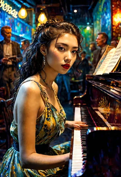 1 young woman、Playing the piano、serious Face、Pianist、Deep shadows、Oil painting style、Jazz bar background、 Dramatic Lighting, Ext...