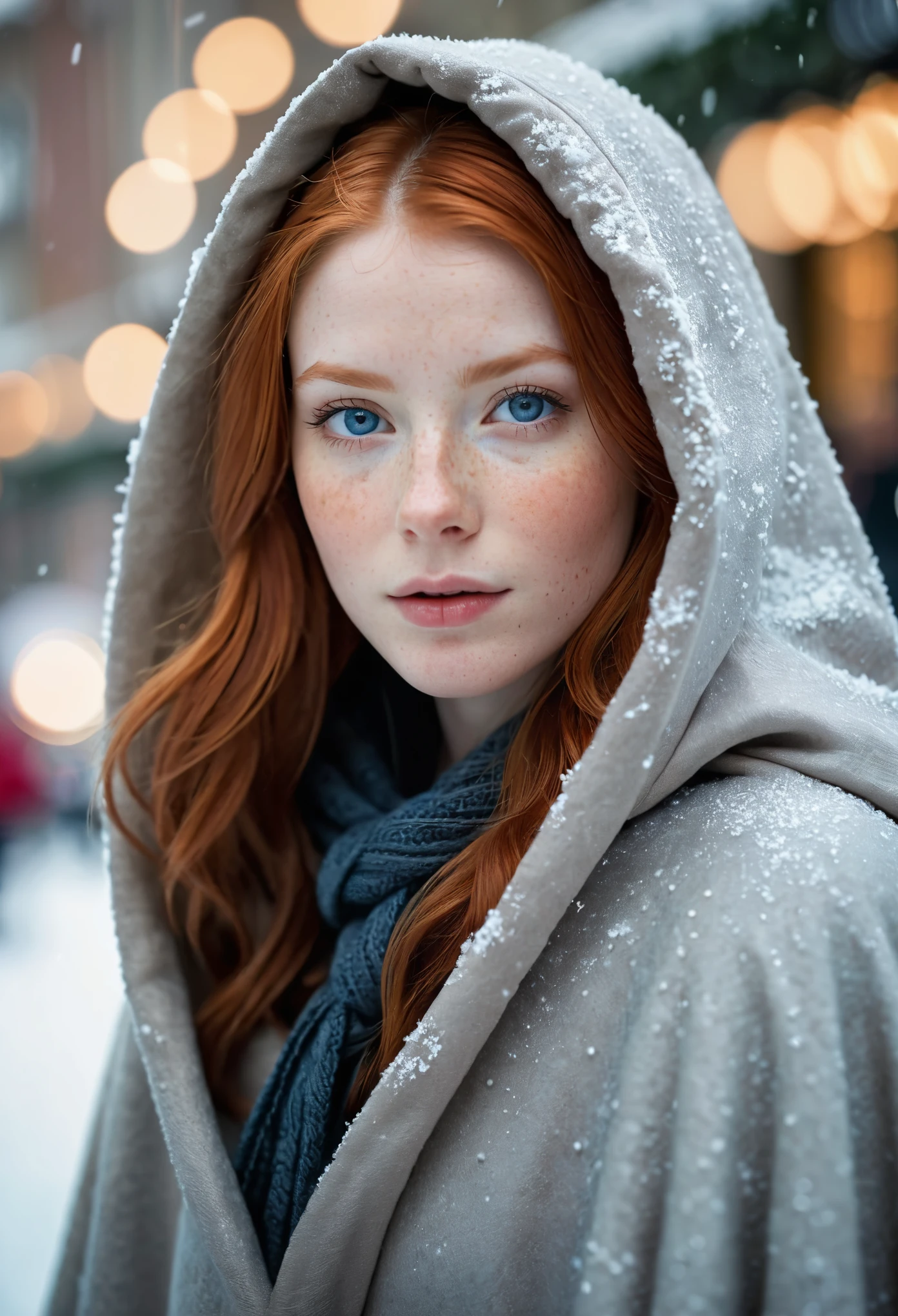 photograph of a cute adult girl, redhair, pale skin, freckles, blush, innocent,  and youthful face, silver blue eyes, wearing a cloak, city christmas festival, snowfall, Porta 160 color, shot on ARRI ALEXA 65, bokeh, sharp focus on subject, shot by Don McCullin, nsfw, (natural skin texture, hyperrealism, soft light, sharp), (perfect round eyes:1.3), Capture the essence of her beauty, Enrich the composition with soft, diffused natural light that accentuates the textures and colors, creating a timeless and culturally rich image