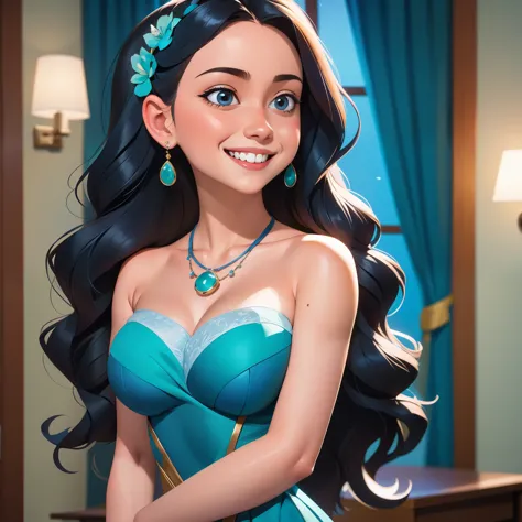 arafed woman in a blue dress smiling and wearing a necklace, portrait sophie mudd, gorgeous female jade tailor, with an elegant ...