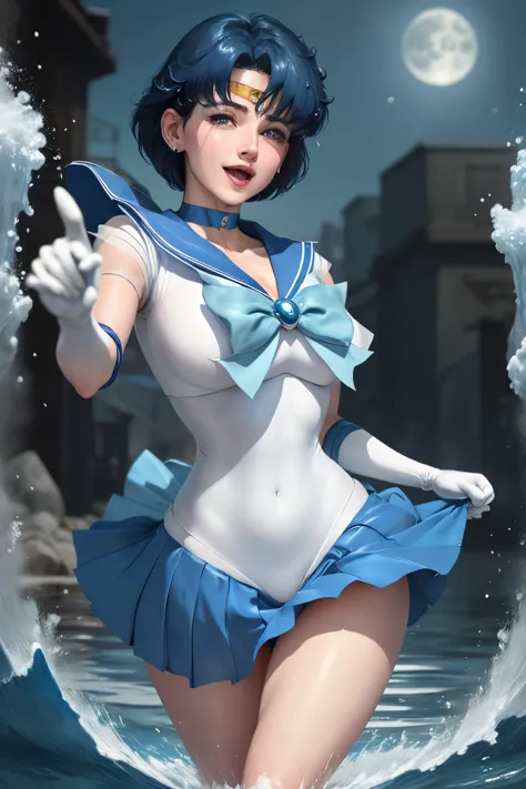 1 woman, laugh, delicate facial features, chest, Gloves, Lips, alone, sailor mercury, blue eyes, Uniform, See more1, 선원 센시 Unifo...