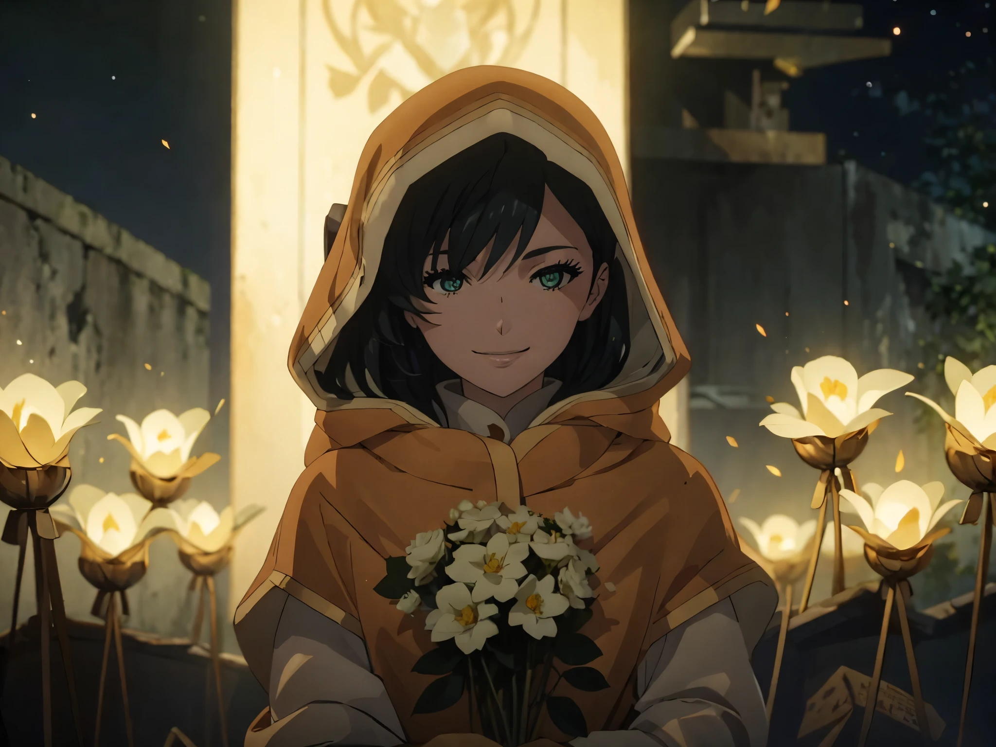 LilyNier, smiling, holding a large bouquet of softly glowing white flowers, night-time