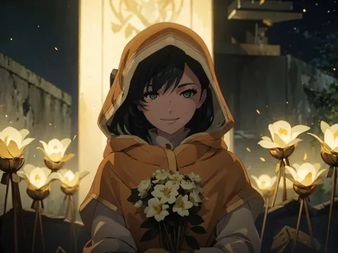 lilynier, smiling, holding a large bouquet of softly glowing white flowers, night-time