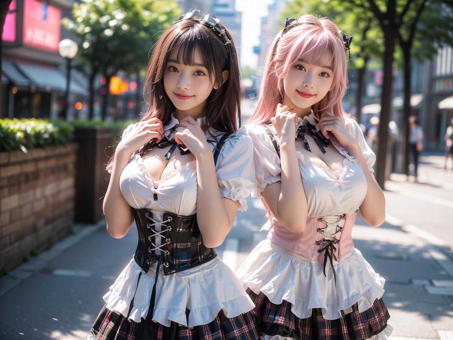 (masterpiece, realistic, photo-realistic:1.2), finely detail, ultra high res, perfect anatomy, best quality, 8K, soft focus, upper body shot, (happy smile:1.3), (2girls, 15yo Japanese girls, height 1.5meters:1.2), (gothic lolita, puffy short sleeves, corset vest, mini-skirt, frills, gothic maid with tartan checked patterns, elaborated costume:1.2), (sexy pose emphasized breasts, standing on road, cleavage, focus on breasts:1.2), (light pink hair, blunt bangs:1.2), beautiful detailed face and big eyes, (white and smooth skin, glowing fair skin:1.3), (pointed huge breasts, gigantic breasts:1.3), (bloom, detailed background, beautiful downtown, superb view in Harajuku:1.2),