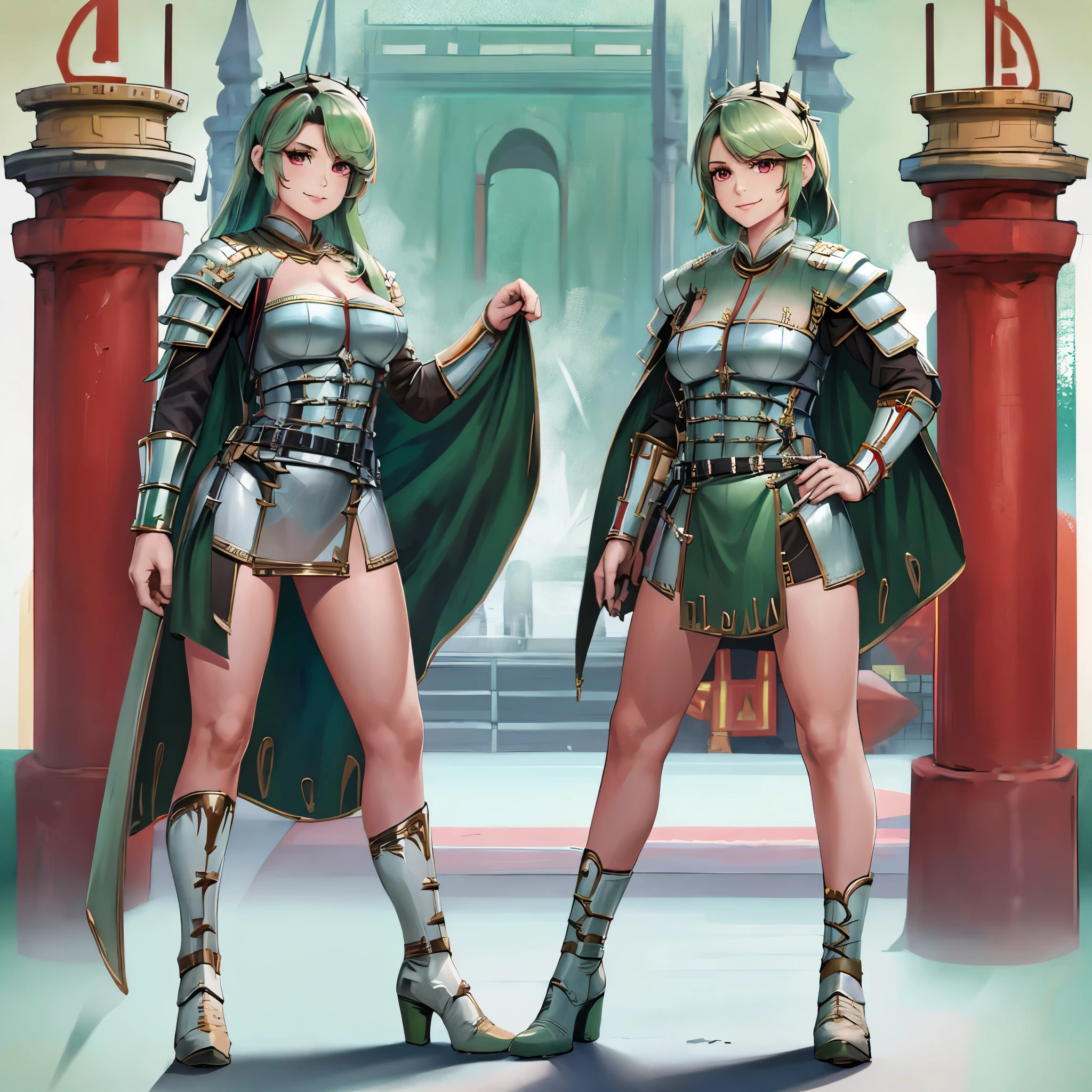 Uma mulher vestindo armadura Lorica segmentata, couraça de armadura de placas, saia verde curta, botas metálicas, Elmo de centurião romano, Cabelo verde comprido, olhos vermelhos, sorridente, em pé em uma plataforma de templo romano de concreto em fundo branco,corpo todo,(mulher solo)ultra resolução, Muito detalhado, HDR, obra de arte, 8k hd
