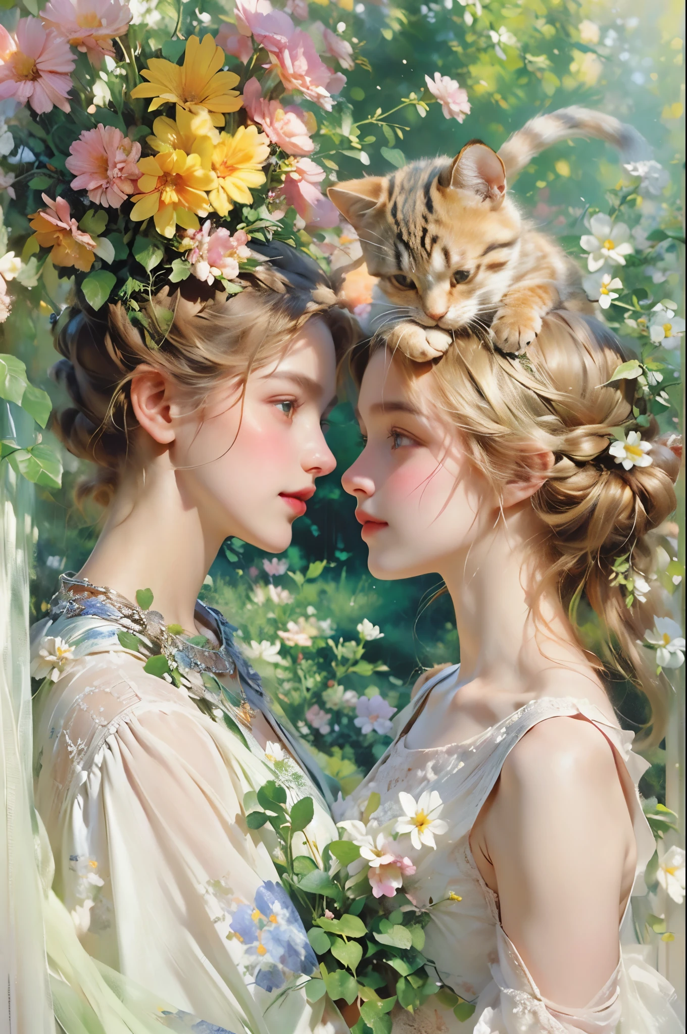2 девушки целуют кота,Детализированные красивые глаза,любящее нежное выражение,мягкие губы,Две молодые женщины,садовый фон,зеленые растения,яркие цветы,счастливая атмосфера,фантастическое освещение,HDR-эффект,яркие цвета,фотореалистичный художественный стиль,середина:картина маслом,ультратонкие мазки,романтическая атмосфера,очаровательный котенок,обниматься,милый пушистый друг,Солнечный свет,радостный момент,Эмоции,привязанность,любовь и дружба,бакенбарды,пушистый мех,игривое взаимодействие,цветы и растения в саду,тени и блики,размытый фон.