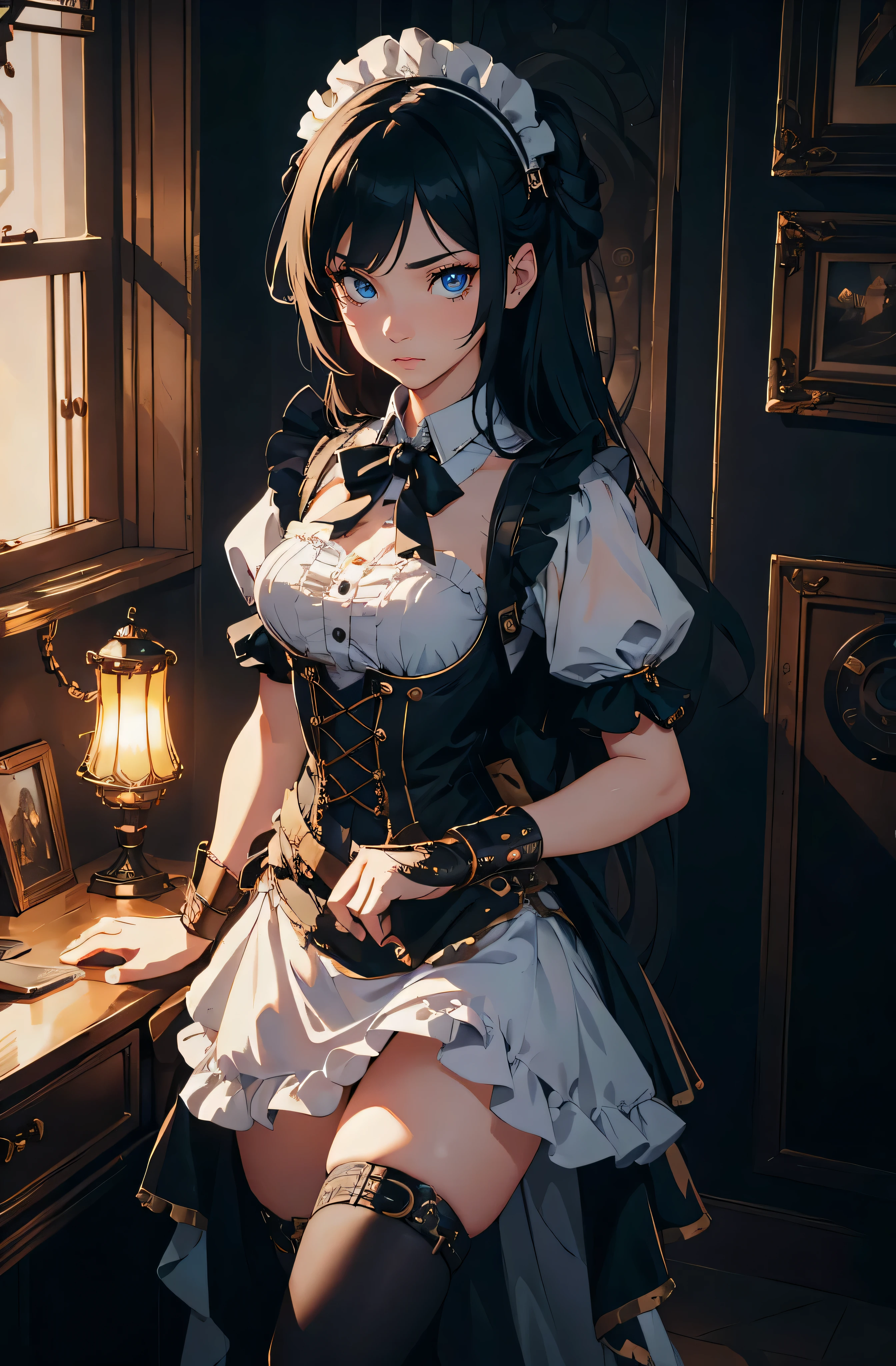 (tmasterpiece, high resolution,ultra - detailed:1.0),1 girl,Young and beautiful woman,eye looking to camera,Perfect female body, (full body), (steampunk Castle), Extremely detailed CG,Unity 8k wallpaper，Complicated details, solo person, (blue eyes), asian eyes, (medium black hair,Maid clothes,short sleeves, timid expression),Luxurious bedroom,(steampunk style),Dark night,Portrait,color difference, Depth of field,dramatic shadow, Ray tracing, Best quality, Cinematic lighting,offcial art,