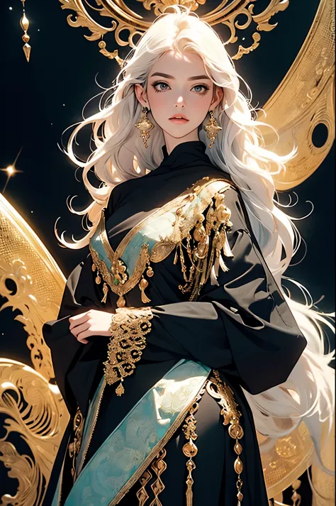 ((best quality)), ((masterpiece)), (detailed), detailed skin, Golden Eyes, Long black hair with thick waves, black silk dress, f...