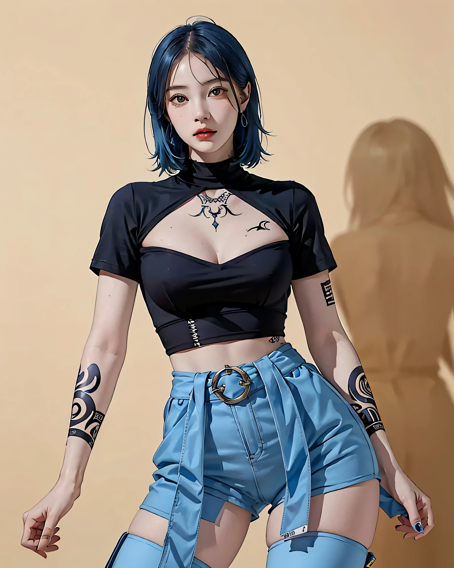 Perfect Style, Beautiful Face, Highly detailed face and skin texture, (Maximum resolution: 1.2), 1 female, alone, Hip Up, jewelry, (((He has many tattoos all over his body)), Streetwear, Play sports often, Blue Hair, panties, sports boots, (((Tight waist))), ((Big Breasts))