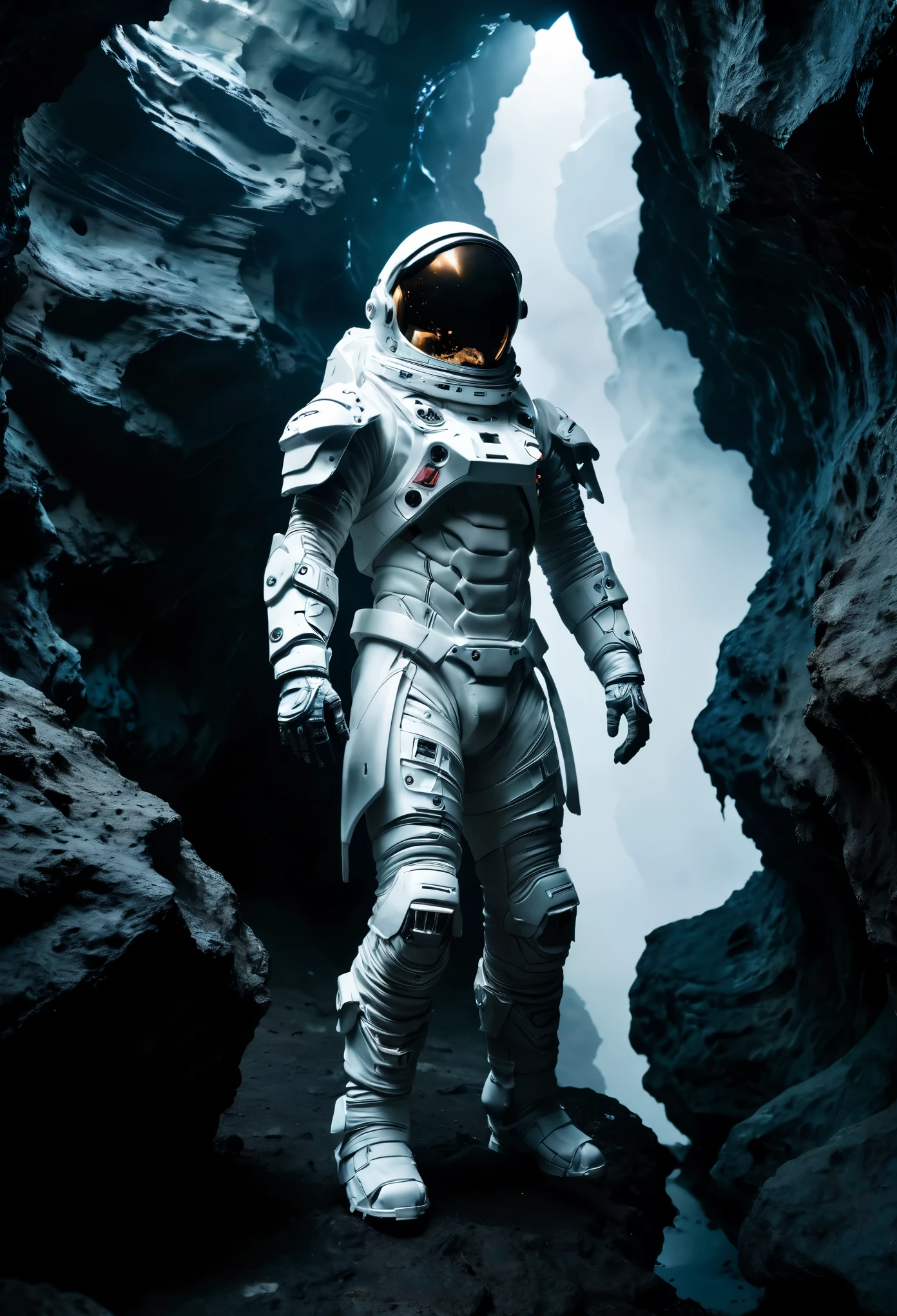 a beautiful cinematic photo of an astronaut in white futuristic cybernetic armor made out of soft fabric in a dark cave, volumetric fog, godrays, high contrast, vibrant colors, vivid colors, high saturation, wide angle, vertical orientation, eroded cliffs, crumbling edges, treacherous footing, panoramic vistas