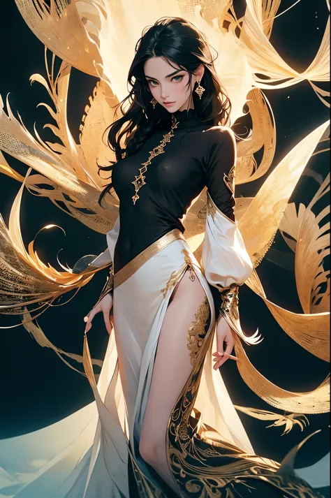 ((best quality)), ((masterpiece)), (detailed), detailed skin, Golden Eyes, Long black hair with thick waves, black silk dress, f...