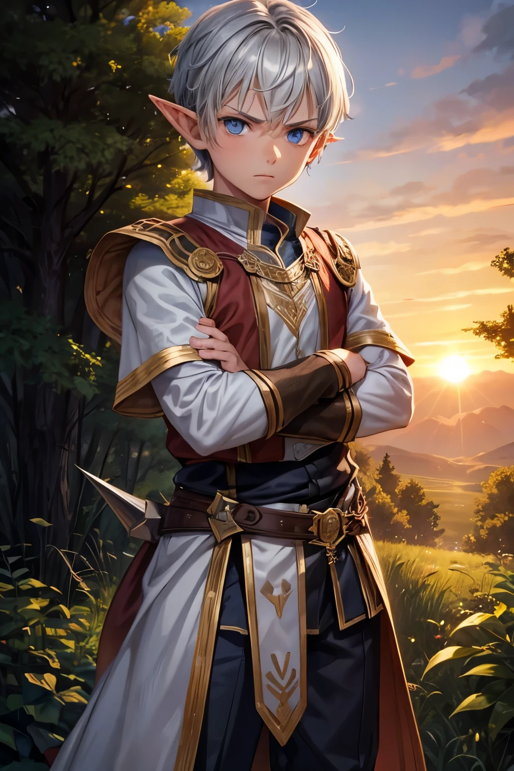 boy, young, elf male, kid, 10 years old, brown skin, blue eyes, spiky hair, short hair, gray hair, serious, arms crossed, forest, sunset