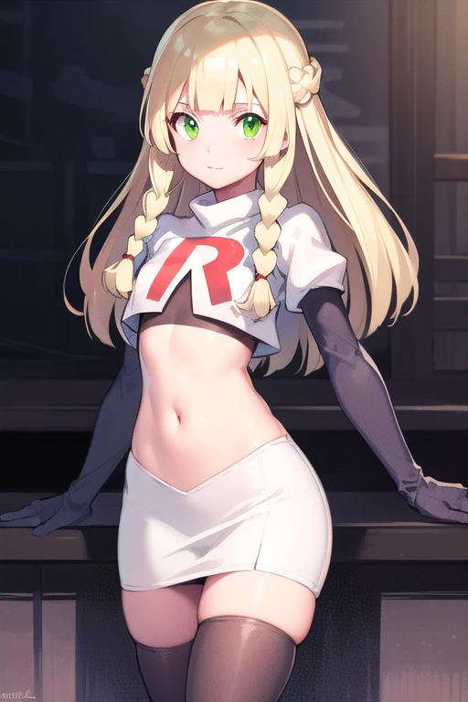 pokemonlilie, pokemonlilie, blonde hair, blunt bangs, (green eyes:1.5), long hair, (small breasts:1.2),
BREAK braid, twin braids, team rocket,team rocket uniform,white skirt,red letter R,crop top,black thigh-highs,black elbow gloves
BREAK looking at viewer,
BREAK (masterpiece:1.2), best quality, high resolution, unity 8k wallpaper, (illustration:0.8), (beautiful detailed eyes:1.6), extremely detailed face, perfect lighting, extremely detailed CG, (perfect hands, perfect anatomy),