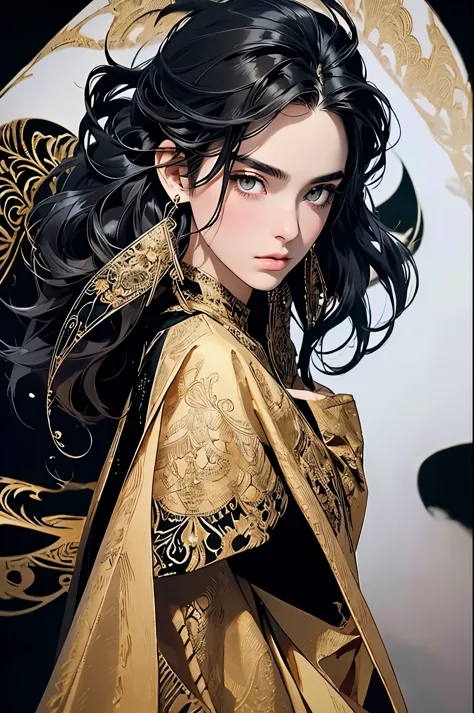 ((best quality)), ((masterpiece)), (detailed), detailed skin, golden eyes, long black hair with thick waves, black silk dress, f...