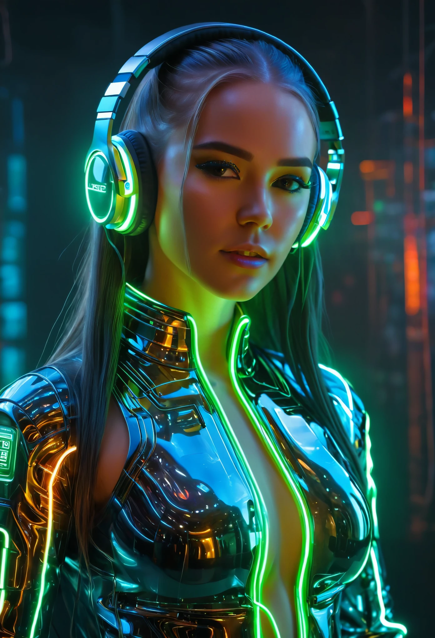 Photo d&#39;une femme portant un costume technologique coloré, dans un style blingbling, Brillant/lisse, Précis et réaliste, Modélisation de surfaces dures, lignes précisionnistes, projet/construction et conception， Casque lumineux, accessoires pour cheveux lumineux, cheveux longs, Boucles d&#39;oreilles lumineuses, collier lumineux, cyberpunk,vêtements transparents，  Mouvement flou， effets d&#39;éclairage de niveau film，Fermer，Visage détaillé，