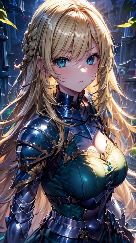 (girl knight)
(((Blonde long hair)))、Bangs with center parting、(Blue and green eyes)、Big 、Soft 、