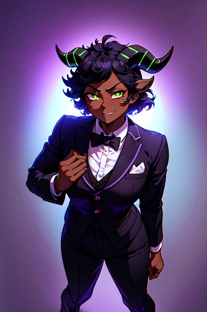 (Masterpiece) (High Detail) (High Res) (Black Skin) (Anime) (Full body picture) A beautiful young adult, black humanoid FutEred, dark skin, soft detailed face, detailed green eyes, short scruffy black hair, goat ears, short symmetrical black goat horns, looking smug at the camera, toned body, small breasts, wearing a suit and tie with an undershirt, looking smug