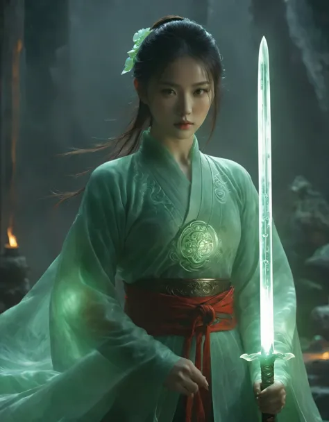 1beautiful girl,  solo，female swordman，Hold the hilt of a sword in your hand，The jade blade glows，front view, fullbody， ((Best q...