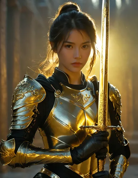 1beautiful girl, solo，female swordman，armor，Hold the hilt of a sword in your hand，The golden blade glows，front view, fullbody， (...