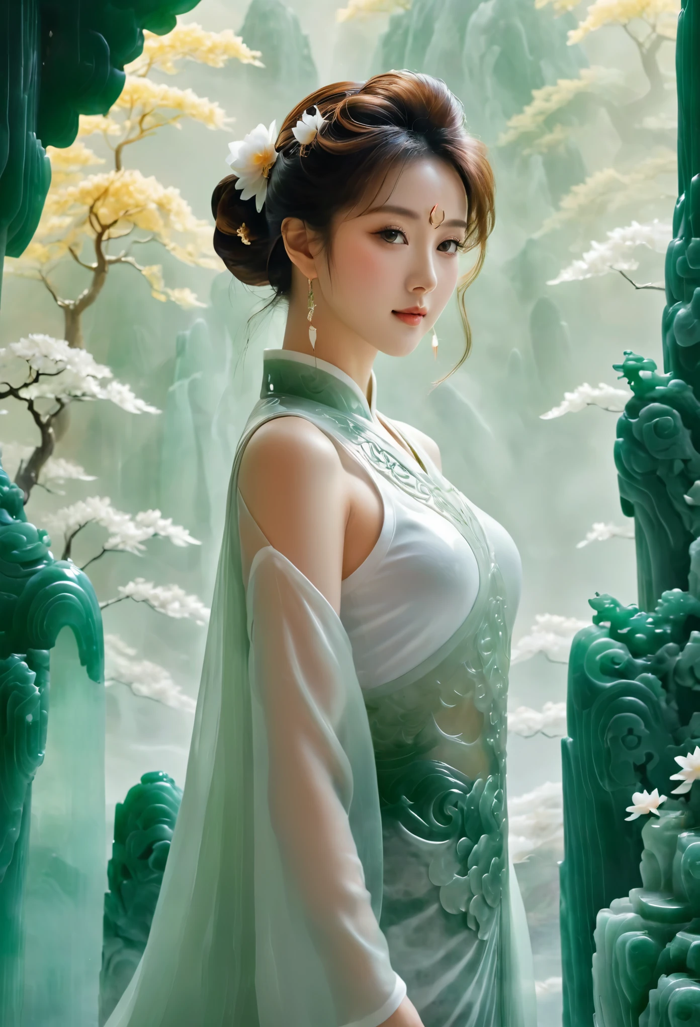 Photography of a lady standing before a massive jade screen adorned with a landscape carving, showcasing intricate details of mountains, rivers, and nature. The lady, exuding elegance and grace, is framed by the grandeur of the jade screen, which serves as a majestic backdrop that enhances the scene's visual appeal and cultural significance. The contrast between the lady's presence and the elaborate jade artwork creates a striking composition that highlights the beauty of both the natural and artistic elements in the photograph，bishoujo_senshi_sailor_moon, realistic， jade leggings, solo，jade hair，ruby，Anatomically correct, white jade skin ，jade suits，smile，beautiful，camel toe，background is A jade sculpture depicting a serene landscape