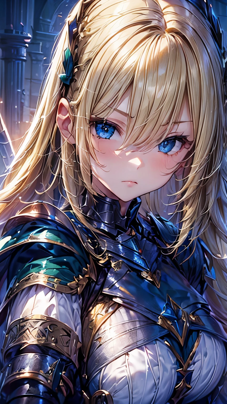 (girl knight)
(((Blonde long hair)))、Bangs with center parting、(Right eye blue),(Left Eye Green)、Big 、Soft 、
