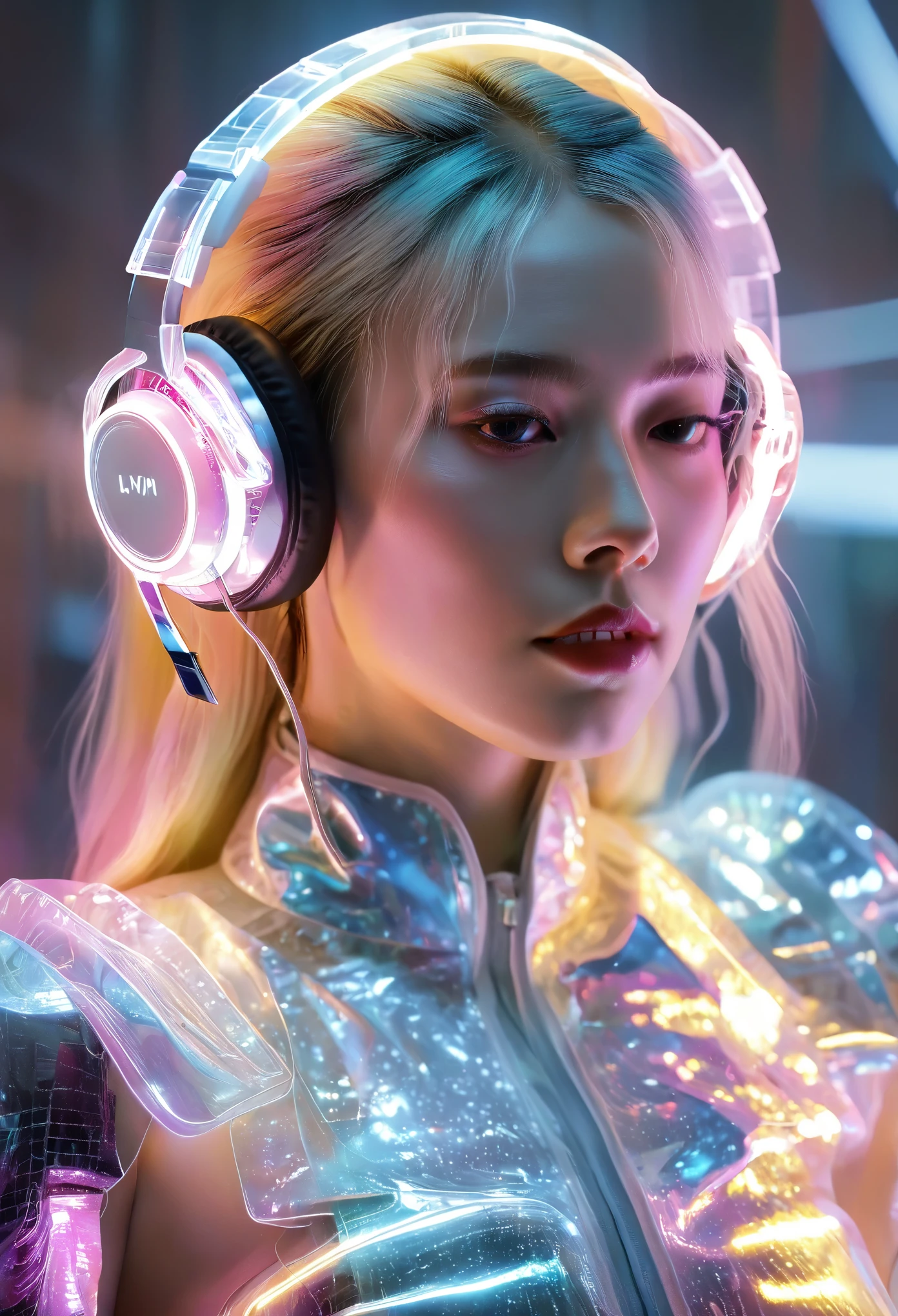 Photo of a woman wearing colorful technology suit, in a blingbling style, shining/smooth, Accurate and realistic, Hard surface modeling, precisionist lines, project/construction and design， Luminous headphones, Luminous hair accessories, long hair, Luminous earrings, glow necklace, cyberpunk,transparent clothes，  Motion blurred， Movie-level lighting effects，close up，detailed face，