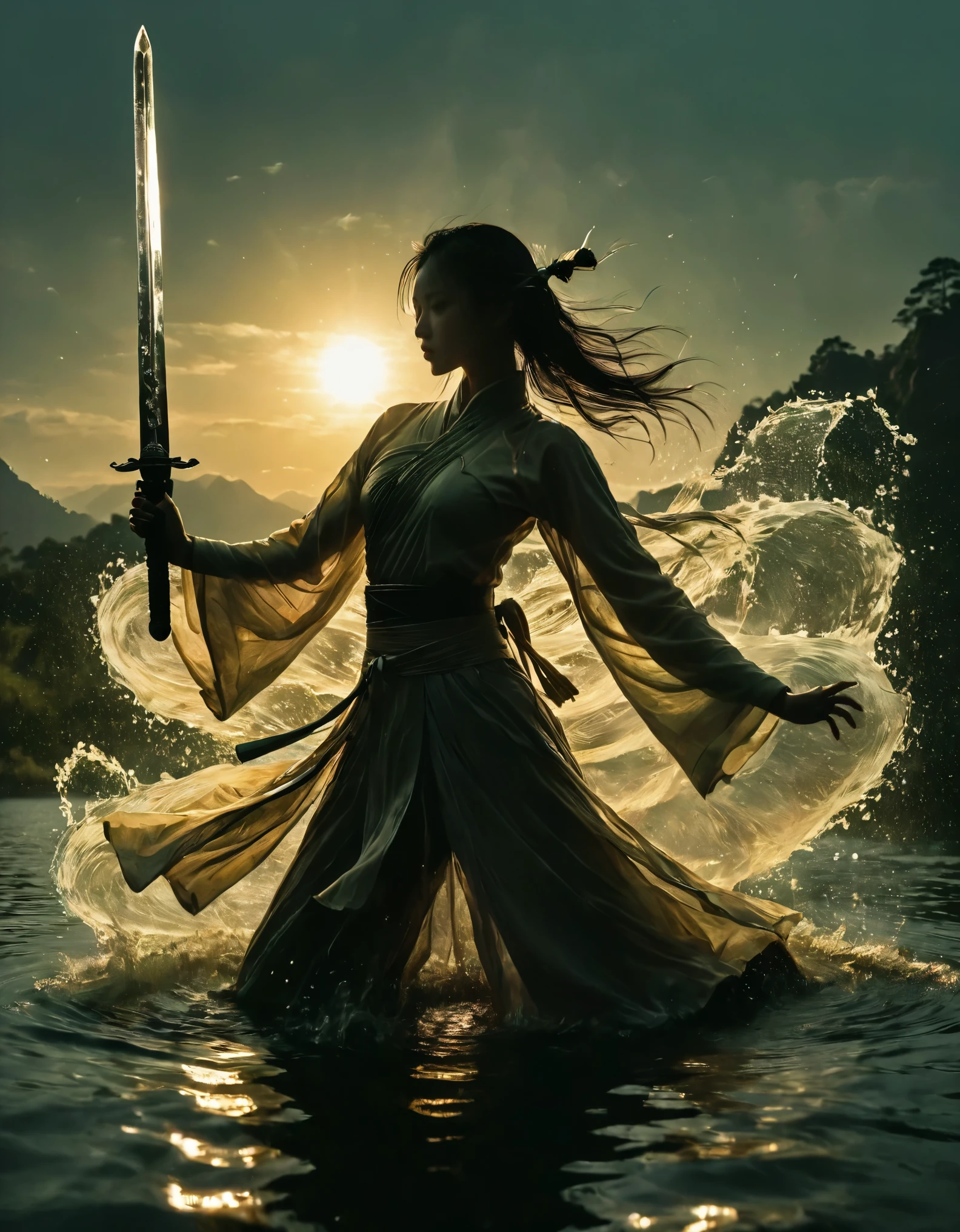 (Heroine dancing sword silhouette:1.5),Anatomically correct，Glowing sword,(Fighting posture),Hold the hilt of a sword in your hand，1sword，solo，on  the lake，high contrast, movie lighting, Enigmatic Atmosphere,，lotus flower，Lotus leaf，corrugation，(Splashing water;1.4)，a moon，Motion Blur，swordsman，Kungfu，Black silhouette，Jade sword blade，