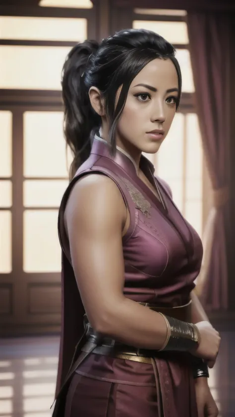 ((Chloe Bennet)) as Li Mei from Mortal Kombat, form-fitting light pink ninja outfit, sash, wrist guards, intricate Chinese cultu...