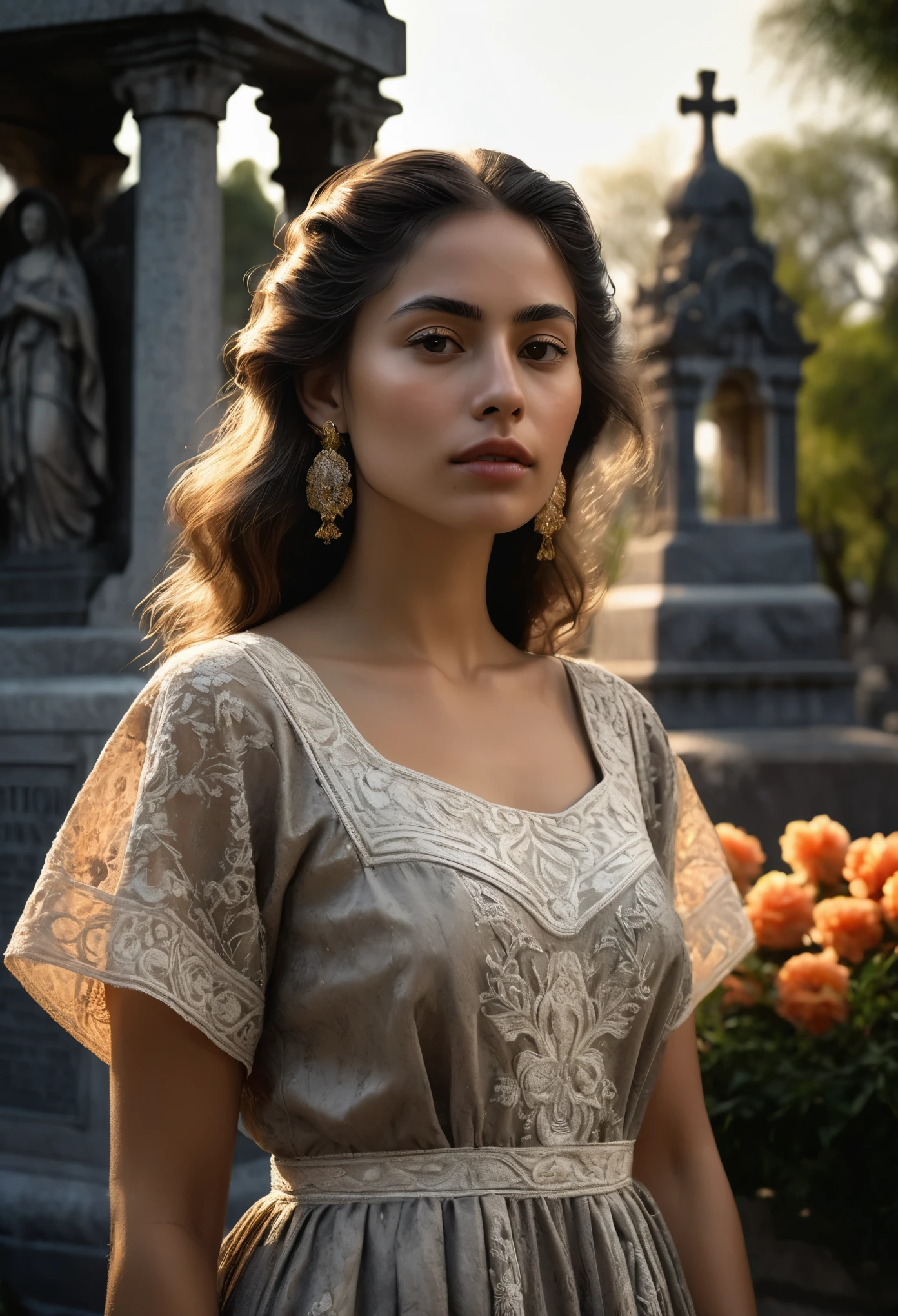 woman stands outside Mexico City cemetery, ((Panteon de Dolores)), after a storm, shimmering skin, finest luxury, reflecting light on her, (she's standing outside in open Mexico cemetery, dia de muertos details, old monuments, cemetery statues)), most beautiful woman on earth, Spanish surreal, she glistens with natural light glow, radiant skin , long hair, (her summer dress clings), a stunning Mexican woman, Her skin details, outside, (relaxed , happy and refreshed), (hyper-detailed dress, fabric, (misty atmosphere, backlit)), (highest quality fabric texture), lush clothes with accent highlights, film quality, puddles on ground (ultra-realistic ,soft accent light, gorgeous Rembrandt style lighting, (Rembrandt patch)), (highest quality wet fabric texture), matte dress fabrics, Her hair, ultra-realistic, adorned with Mexican flowers, a world of passion and grief. Finely detailed,(Fine-grained), (highest detail skin texture peach-fuzz earlobe realistic,) ○○ res – ultra high high resolution , very high texture (highlights resolution), Photorealistic hands and fingers – (photorealistic beautiful) ,8K,extreme detail, close and intimate, she looks to camera, haunting dark dress, teasing, Her perfectly sculpted lips, lifelike, highly real natural lips. she is a, Vermeer, a work of art, enticing. indulge in desires .solo woman, (highest quality fabric texture), light hair, every detail,Fine facial features, Masterpiece – Masterpiece ○○ quality – (Highest Quality) ,Leica film, High quality ○○ detailed – ○○ details ultra detailed(Ultra-fine ), Photorealistic, Extremely detailed(Extremely detailed) , Finely detailed, (highest detail)○○ res – ○○ resolution ultra high res(A high resolution)