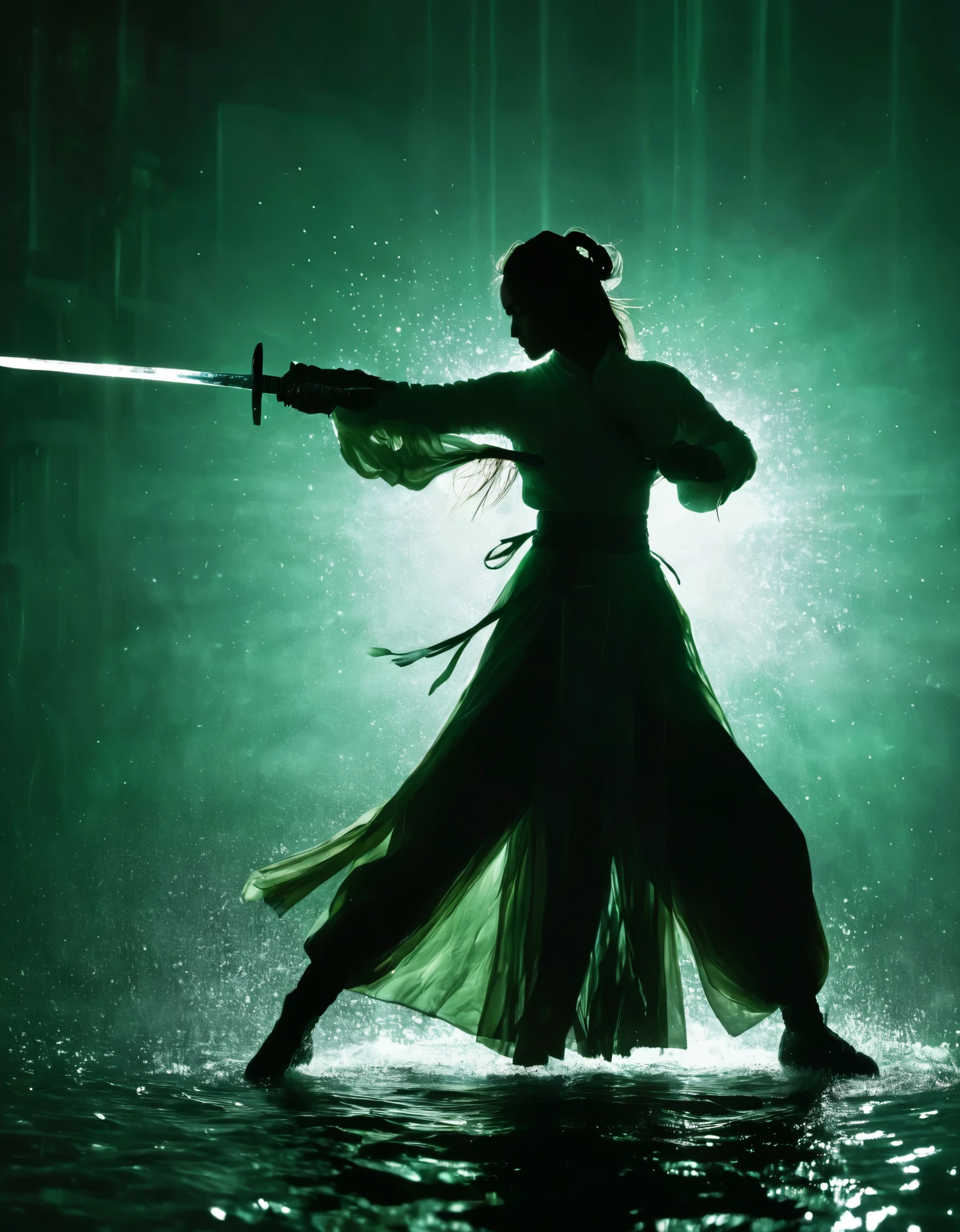 (Heroine dancing sword silhouette:1.5),Anatomically correct，Glowing sword,(moving posture),Hold the hilt of a sword in your hand，1sword，solo，on the lake，high contrast, movie lighting, Enigmatic Atmosphere,， corrugation，(Splashing water;1.4)，a moon，Motion Blur，swordsman，Kungfu，Black silhouette，Glowing jade blade，