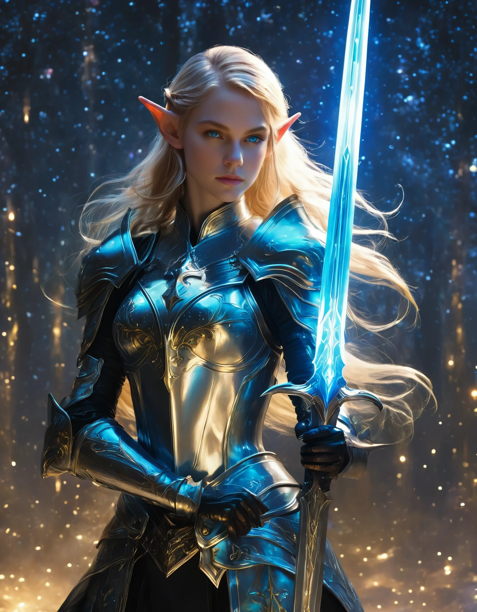 1beautiful girl,  solo，female swordmatomically correct，Blonde hair and blue eyes，Long hair，Elf ears，Star Armor，Transparent armor，side view，Hold the hilt of a sword in your hand，The blade glows，(body formed by galactic liquid mauevine and black metallic paint twisting into a beautiful interpretation of the female ), front view, fullbody， ((Best quality)), ((Masterpiece)), ((Realistic))，UHD，Galaxy background