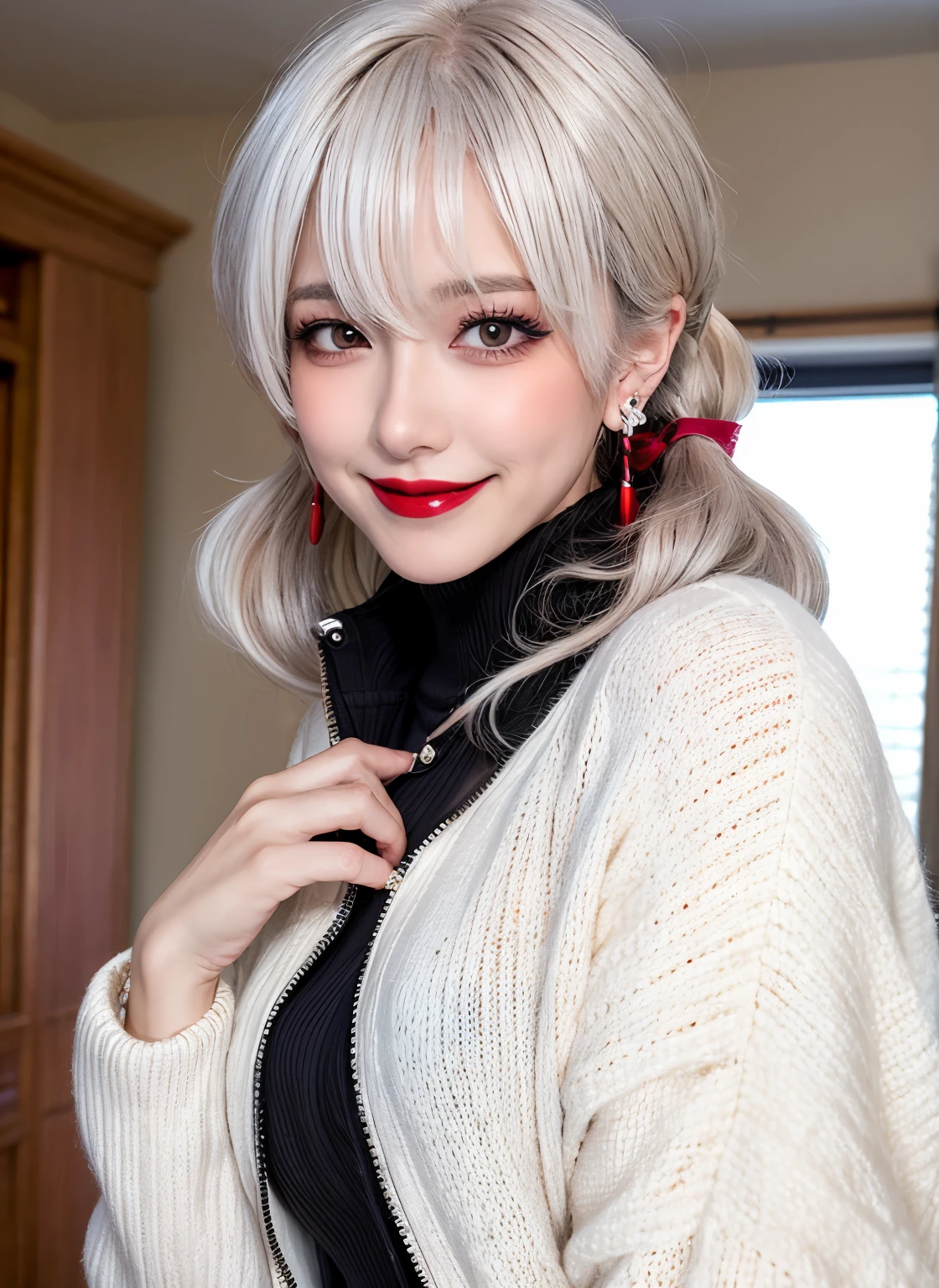 woman, masterpiece, white hair, best quality, indoors,shy, grin, messy twintails, makeup, dynamic pose, blush, black shirt, unzipped white sweater, blush, earrings, ruby necklace, breasts, lipstick