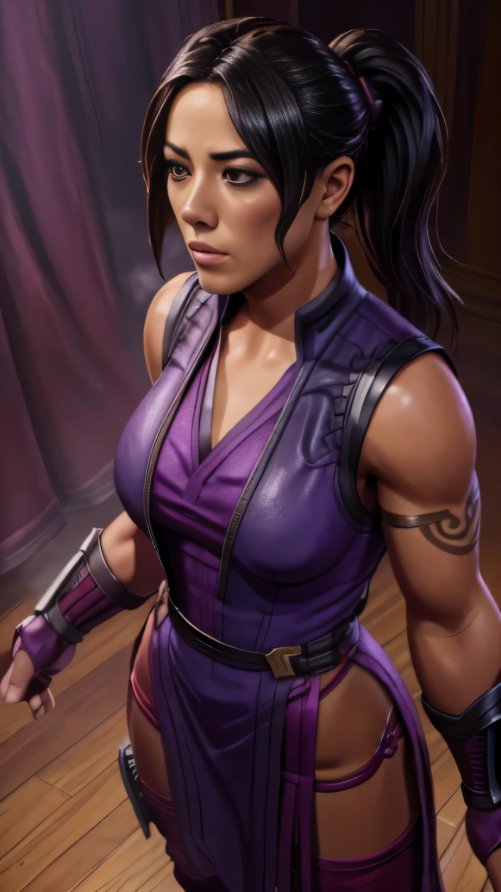 ((Chloé Bennet)) comme Li Mei de Mortal Kombat, cheveux noirs, yeux marrons, queue de cheval, tatouage d&#39;épaule, robe violette, gilet, gantelets, pantalons rouges, rideau pelvien, 1femme, seulement, vue complète du corps, vue de face, regarder le spectateur, complexe, Détails élevés, netteté, Spectaculaire, art de peinture photoréaliste par Greg Rutkowski