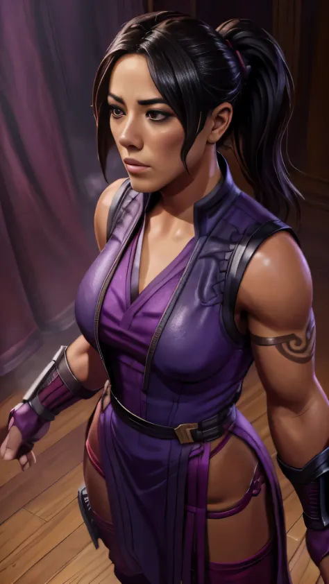 ((Chloe Bennet)) as Li Mei from Mortal Kombat, black hair, brown eyes, ponytail, shoulder tattoo, purple dress, vest, gauntlets,...