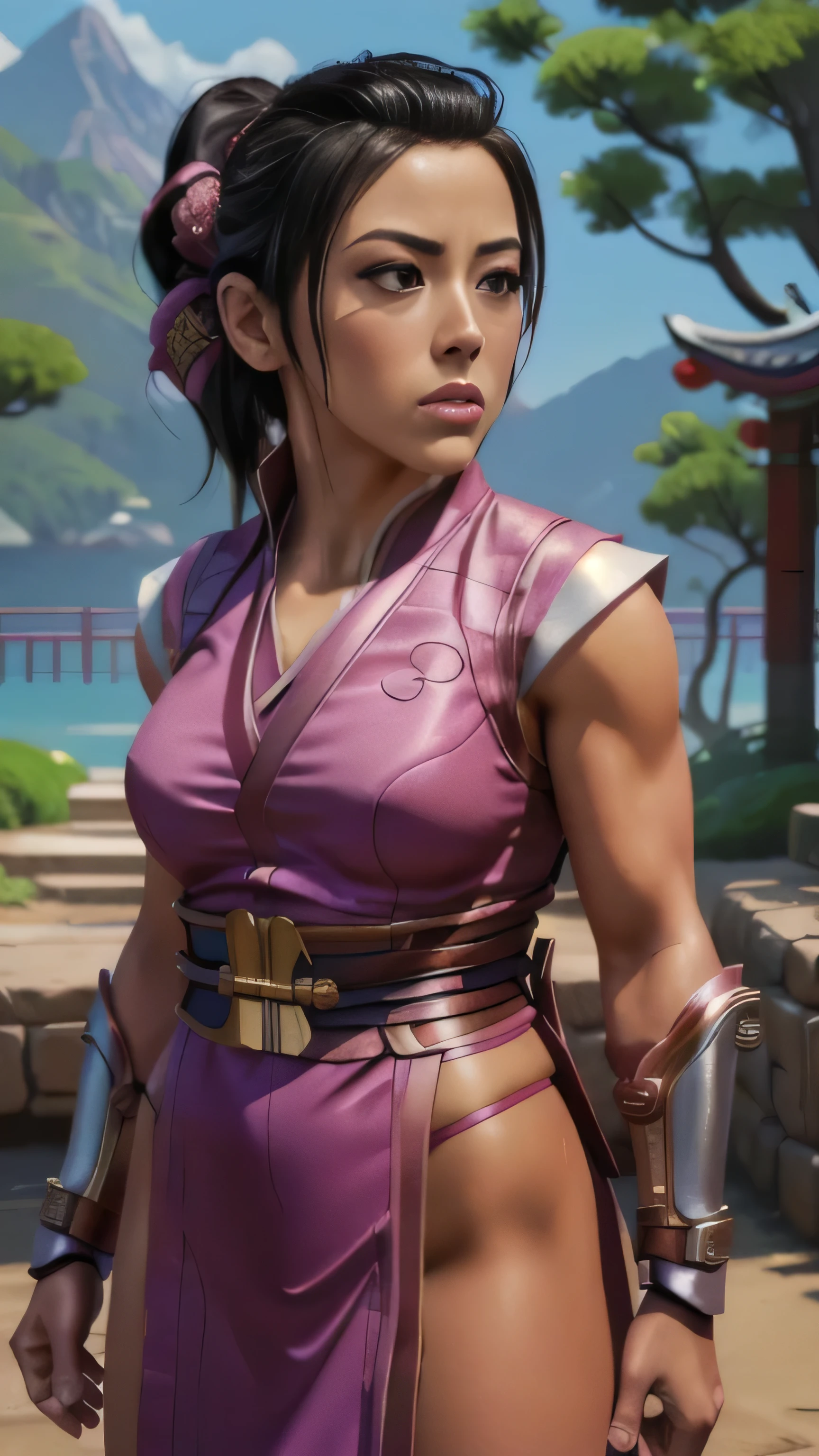 ((Chloe Bennet)) as Li Mei from Mortal Kombat, form-fitting light pink ninja outfit, sash, wrist guards, intricate Chinese culture patterns, hair tied back in a ponytail braid, hair ribbons, 1woman, solo, full body view, ((front view)), intricate, high detail, sharp focus, dramatic, photorealistic painting art by greg rutkowski