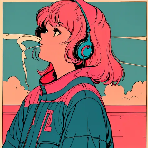 shoulder length pink Hair, fluffy bob cut, wearing headphones, Futuristic yet lofi, retro, master piece, (( side shot)),Outside the spacecraft, You can see the Earth, (( looking up )), ((Holding a cigarette)),Smoke from cigarettes, Chillout, relax