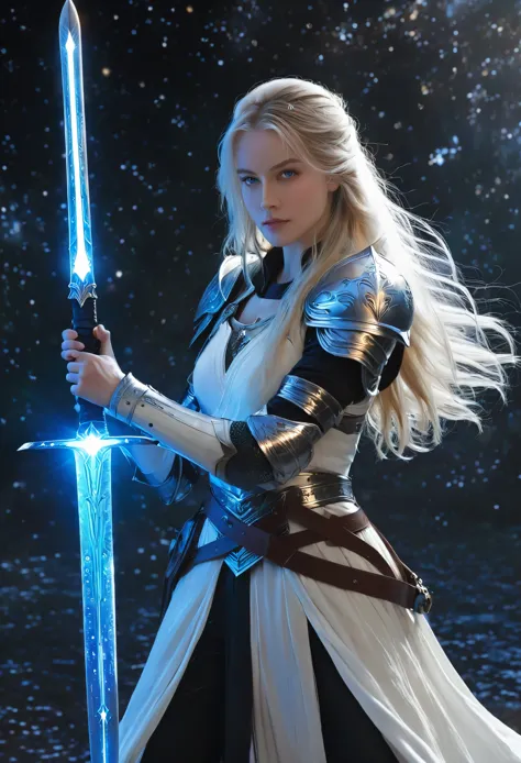 1beautiful girl, solo，female swordman，Transparent armor，Starlight，White long hair，Blue Eyes，Hold the hilt of a sword in your han...