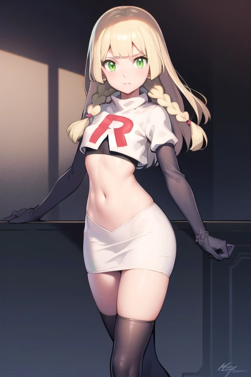 pokemonlilie, pokemonlilie, blonde hair, blunt bangs, (green eyes:1.5), long hair, (small breasts:1.2),
BREAK braid, twin braids, team rocket,team rocket uniform,white skirt,red letter R,crop top,black thigh-highs,black elbow gloves
BREAK looking at viewer,
BREAK (masterpiece:1.2), best quality, high resolution, unity 8k wallpaper, (illustration:0.8), (beautiful detailed eyes:1.6), extremely detailed face, perfect lighting, extremely detailed CG, (perfect hands, perfect anatomy),